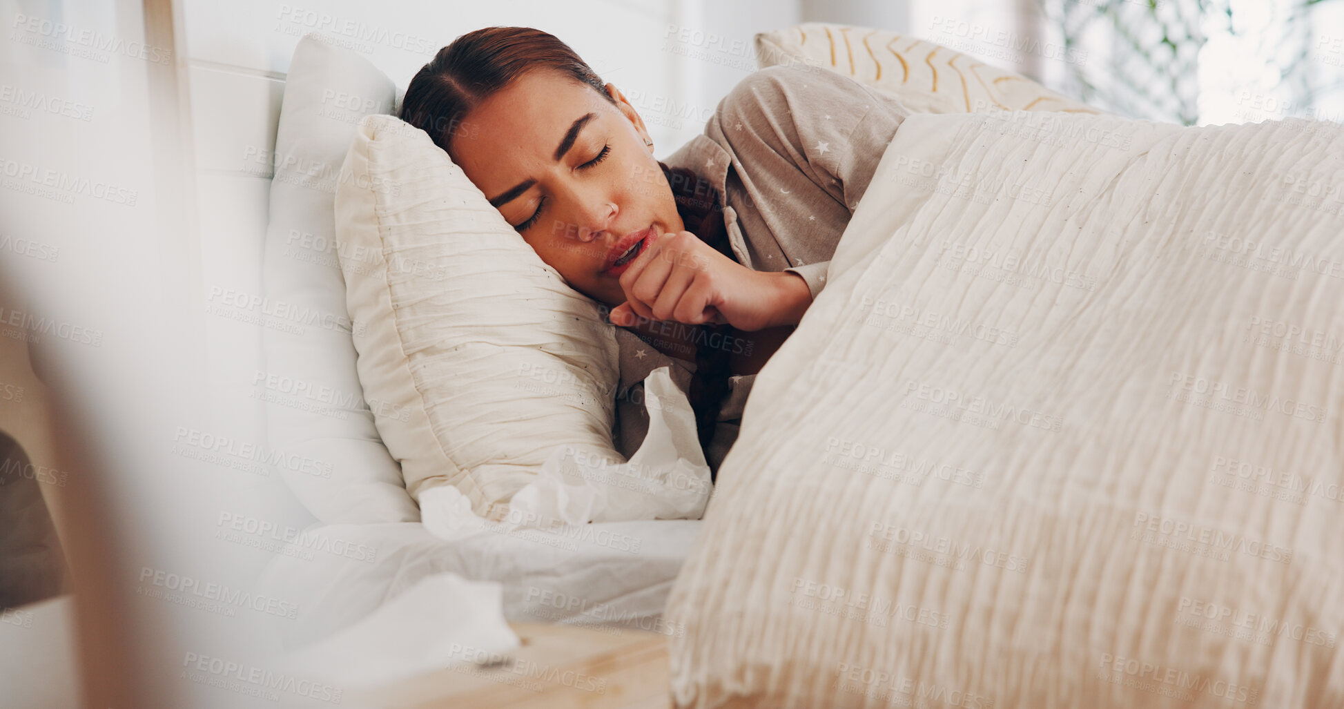 Buy stock photo Illness, fever and woman with cough in bed from flu recovery, viral infection and lung disease. Rest, sick person and influenza in house with bronchitis, health condition or postnasal drip in bedroom