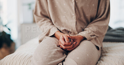 Buy stock photo Nervous, hands and person with anxiety in home for mental health, emotional regulation and self soothing. Unhappy, fingers fidget and woman with depression, stress management and sadness in bedroom.