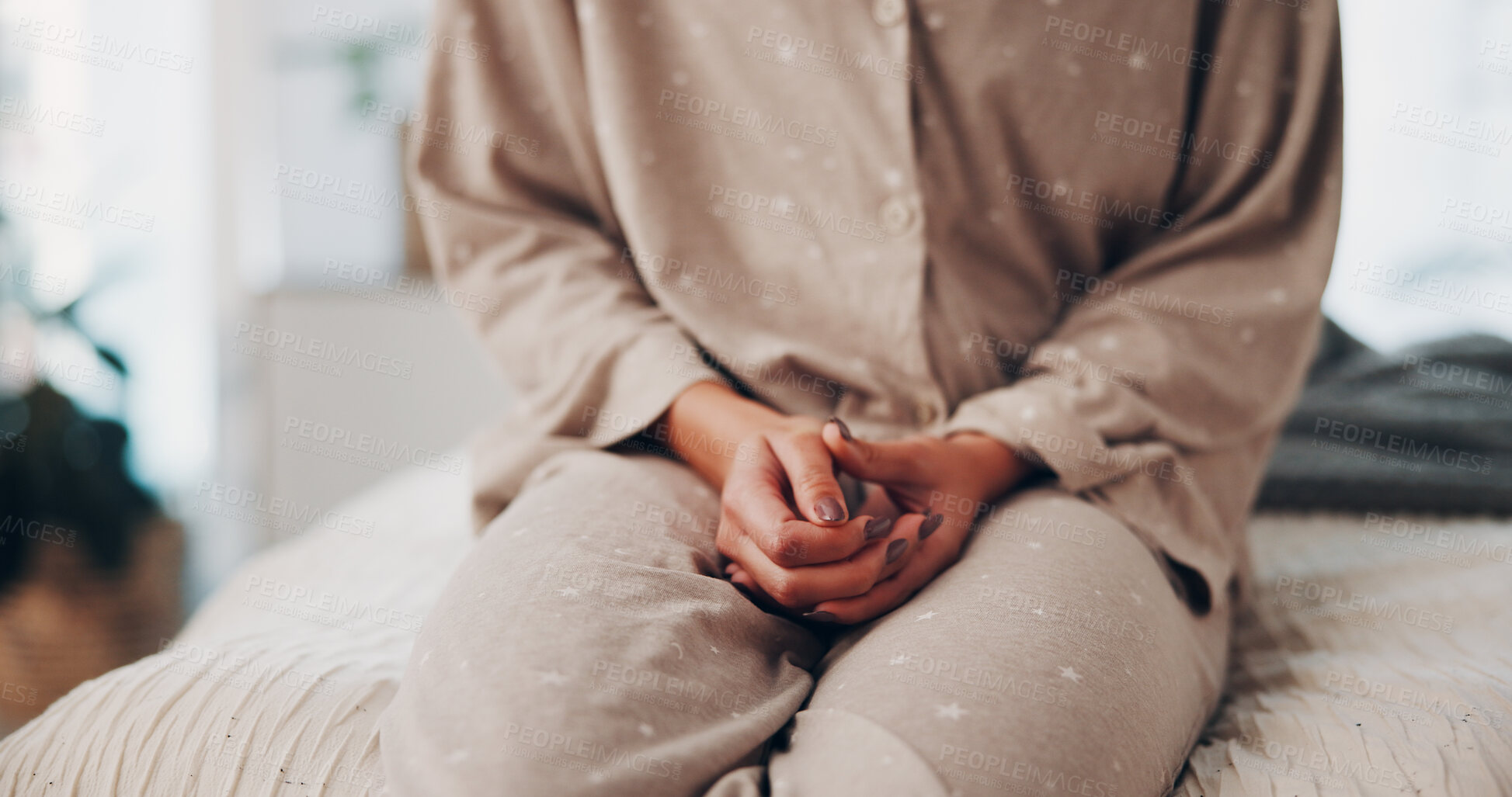Buy stock photo Nervous, hands and person with anxiety in home for mental health, emotional regulation and self soothing. Unhappy, fingers fidget and woman with depression, stress management and sadness in bedroom.