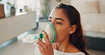Sick, woman and breathing with nebulizer in bedroom for asthma, chronic illness or respiratory aid. Health treatment, girl or oxygen mask in home for ventilation, cystic fibrosis or medical condition