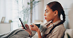 Phone, coffee and reading of woman in bedroom for social media, streaming service and comment update. Connection, online chat forum and post with person and drink in home for communication and app
