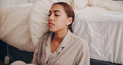 Buy stock photo Woman, stress and insomnia by bed, thinking or reflection with mental health, depression or worry in home. Person, sleep disorder and anxiety with ptsd, sad memory or wake up with regret at apartment