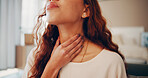 Sick, hands and woman with sore throat in bedroom for flu symptoms, viral infection and discomfort. Health, person or influenza in home with pain, virus inflammation or swollen gland from tonsillitis
