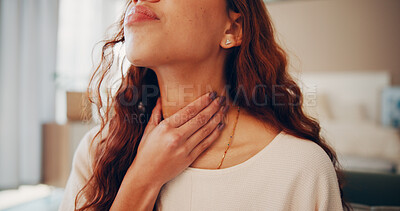 Buy stock photo Sick, hands and woman with sore throat in bedroom for flu symptoms, viral infection and discomfort. Health, person or influenza in home with pain, virus inflammation or swollen gland from tonsillitis