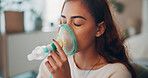 Sick, woman and breathing with nebulizer in home for asthma, chronic illness or respiratory aid. Health treatment, girl and oxygen mask in house for ventilation, cystic fibrosis or medical condition
