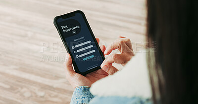 Buy stock photo Phone screen, hands and woman with app for pet insurance, account creation or login for registration. Mobile, display and person sign up for service in home, veterinary coverage or health policy