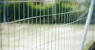 Buy stock photo Protection, wire fence and barrier for safety, defense and barricade with enclosure. Chain link, structure and metal frame for border, prohibited yard and boundary with grid for outdoor security