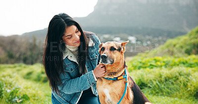 Buy stock photo Dog, friendship and woman in nature with love, animal care or bonding together in outdoor activity. Pet owner, security and female person in forest with trust, connection or walk with puppy companion
