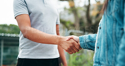 Buy stock photo Business people, outdoor and handshake for partnership, trust and sustainability agreement. Shaking hands, support or collaboration with worker for eco friendly negotiation, thank you and b2b deal