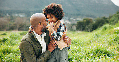 Buy stock photo Smile, father and son in forest with hug, bonding together or fresh air on outdoor walk. Happiness, security or people in nature with embrace, support or family sightseeing in healthy relationship.