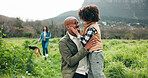 Smile, father and child in nature with connection, bonding together or fresh air on outdoor walk. Happiness, adventure or family in forest with trust, support or sightseeing in healthy relationship.
