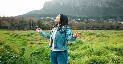 Buy stock photo Mindfulness, relax and woman in grass field for peace, winter vacation or nature environment for zen. Wellness outdoor and person with calm for travel holiday, mental health and healing practice