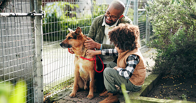 Buy stock photo Animal shelter, dad and child with dog outdoor for adoption, foster care and bonding. Kennel, sanctuary and kid with canine for rescue, pet ownership and companion at charity, ngo and volunteer