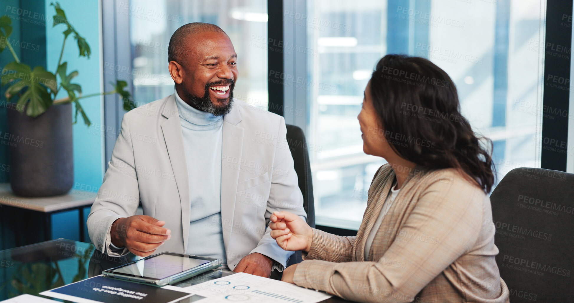 Buy stock photo Laughing, man and woman with research, office and excited for ad performance on web or collaboration. Happy, marketing team and people with paperwork for campaign success, graphs and tech in business