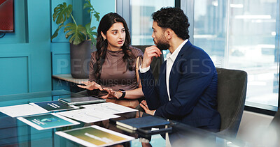 Buy stock photo Graphs, paper or partner in agency with discussion, analysis or review of financial performance. Collaboration, people or analyst in office with support, data comparison or feedback on revenue growth