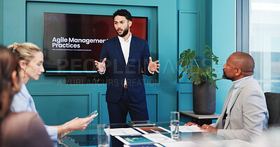 Buy stock photo Corporate, presentation and businessman in office with meeting for agile management practices. Tv screen, discussion and male hr manager for leadership workshop for collaboration in workplace.