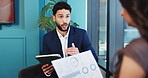 Business, documents and people in office, graphs for revenue and conversation with feedback. Charts, professional or employees with investment deal, discussion or report for profit increase or advice