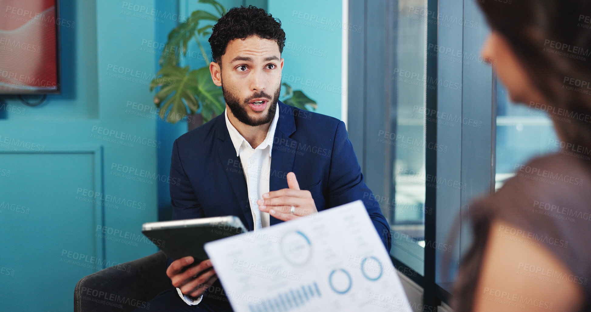 Buy stock photo Business, documents and people in office, graphs for revenue and conversation with feedback. Charts, professional or employees with investment deal, discussion or report for profit increase or advice