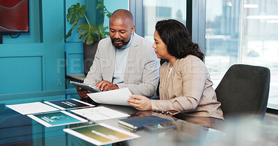 Buy stock photo Graphs, paper or partners in office with tablet, analysis or review of financial performance. Collaboration, discussion or analyst in agency with tech, market comparison or feedback on revenue growth