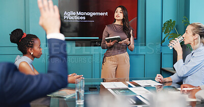 Buy stock photo Question, presentation and woman with business people in office on tablet for agile management practices in meeting. Corporate, team and speaker for manager coaching, skills development and workshop