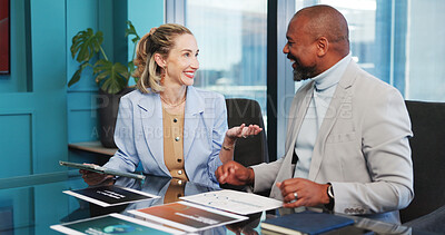 Buy stock photo Smile, discussion and tablet with business people in office together for risk management. App, budget and collaboration with employee team in financial workplace with charts, data or graphs review