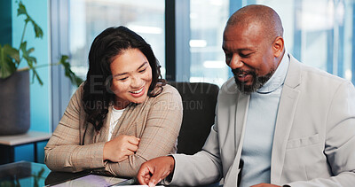 Buy stock photo Team, discussion and people with tablet, office and planning for brand awareness, online and meeting. Colleagues, talk and collaboration for marketing strategy, happy and brainstorming for campaign