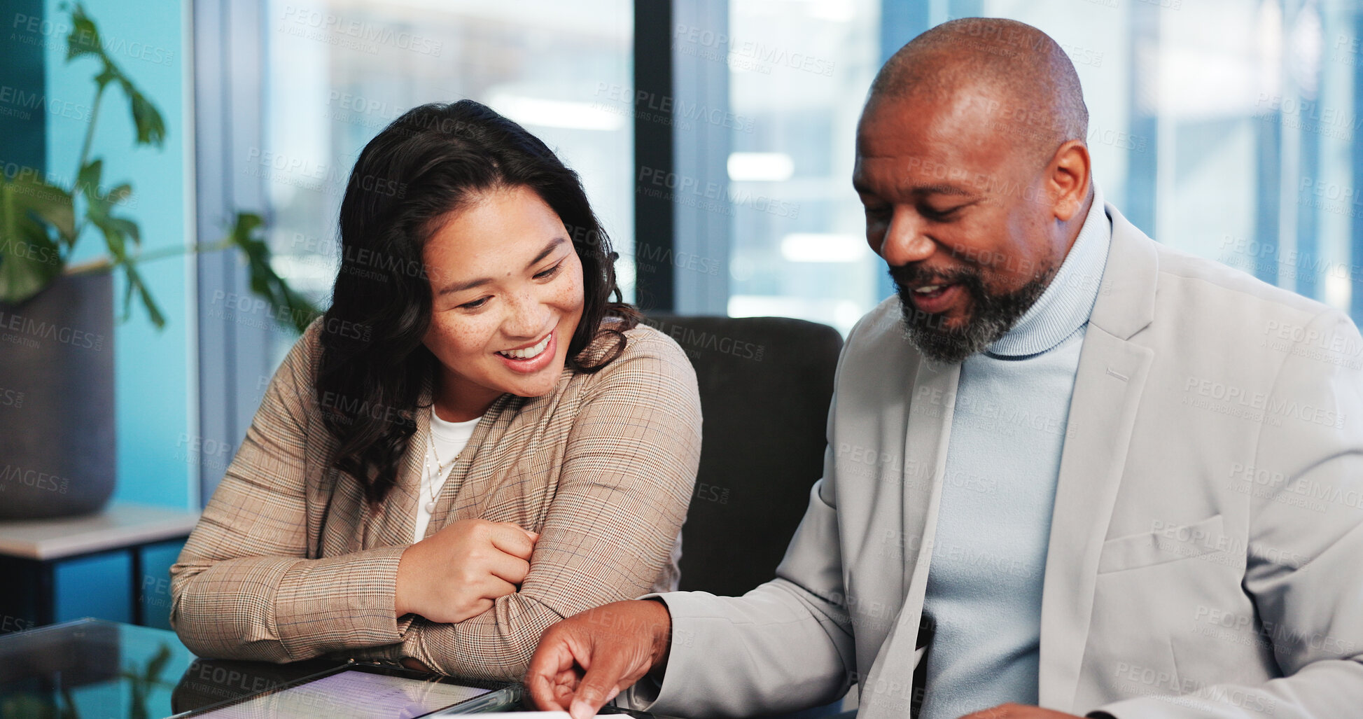 Buy stock photo Team, discussion and people with tablet, office and planning for brand awareness, online and meeting. Colleagues, talk and collaboration for marketing strategy, happy and brainstorming for campaign