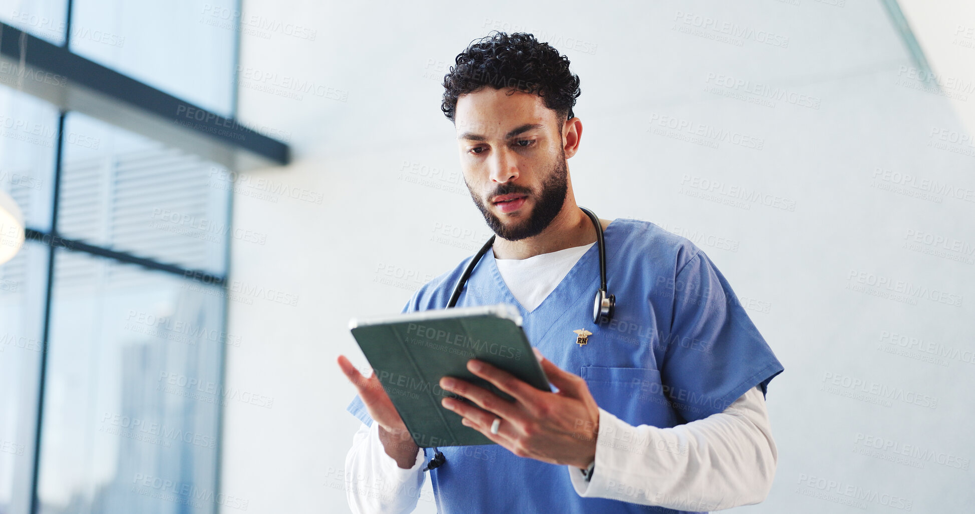 Buy stock photo Hospital, doctor and man on tablet in lobby for patient results, medical report and research. Healthcare, professional and person on digital tech for consulting, surgery schedule and help in clinic