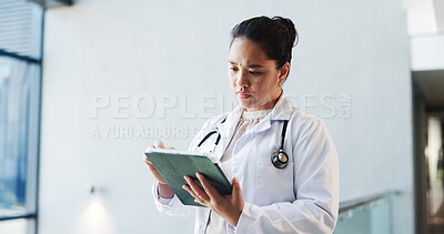 Buy stock photo Tablet, doctor and woman in hospital for healthcare, research or reading report with information. Tech, medical professional or serious person with history for telehealth, clinic records or insurance