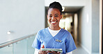 Tablet, black woman and portrait of nurse in hospital for research, medical service or report. Happy, digital technology and African female healthcare worker with confidence for career in clinic.