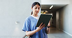 Hospital, doctor and woman on tablet in lobby for patient results, medical report and research. Healthcare, space and person on digital tech for consulting, surgery schedule and website in clinic