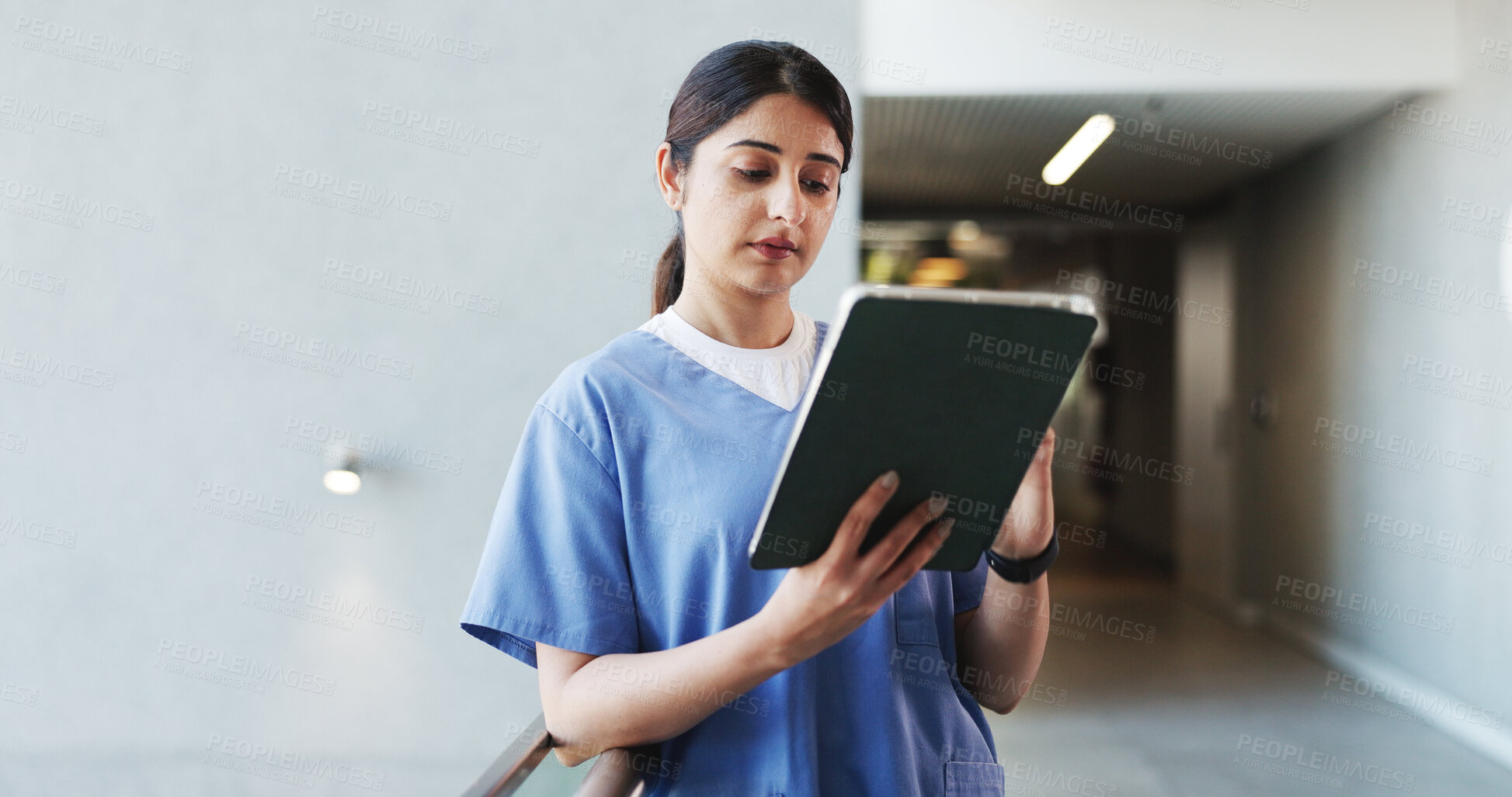 Buy stock photo Hospital, doctor and woman on tablet in lobby for patient results, medical report and research. Healthcare, space and person on digital tech for consulting, surgery schedule and website in clinic