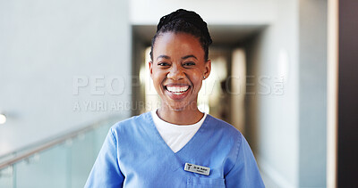 Buy stock photo Smile, black woman and portrait of nurse in hospital for support, medical service or about us. Happy, professional and African female healthcare worker with confidence for nursing career in clinic.