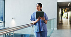 Hospital, thinking and doctor on tablet in lobby for patient results, medical report and research. Healthcare, reflection and woman on digital tech for website, surgery schedule or planning in clinic