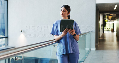 Buy stock photo Hospital, thinking and doctor on tablet in lobby for patient results, medical report and research. Healthcare, reflection and woman on digital tech for website, surgery schedule or planning in clinic