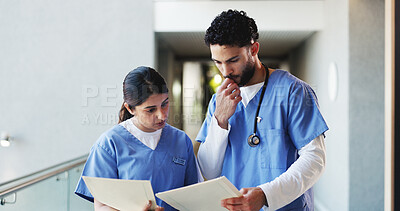Buy stock photo Nurses, discussion and people in hospital, documents and healthcare with research report. Medical service, man and woman in clinic, paperwork or problem solving with support, teamwork or conversation
