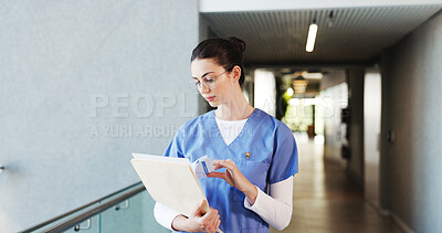 Buy stock photo Nurse, glasses and woman with report, hospital and info for medical diagnosis, serious and documents. Reading, patient history and person with paperwork for treatment plan, file or healthcare record