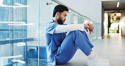 Buy stock photo Medical, sitting or doctor in hospital with pressure, patient loss or stress in surgery result. Healthcare, bad news or man in clinic with disappointment, reflection and burnout in emergency risk.