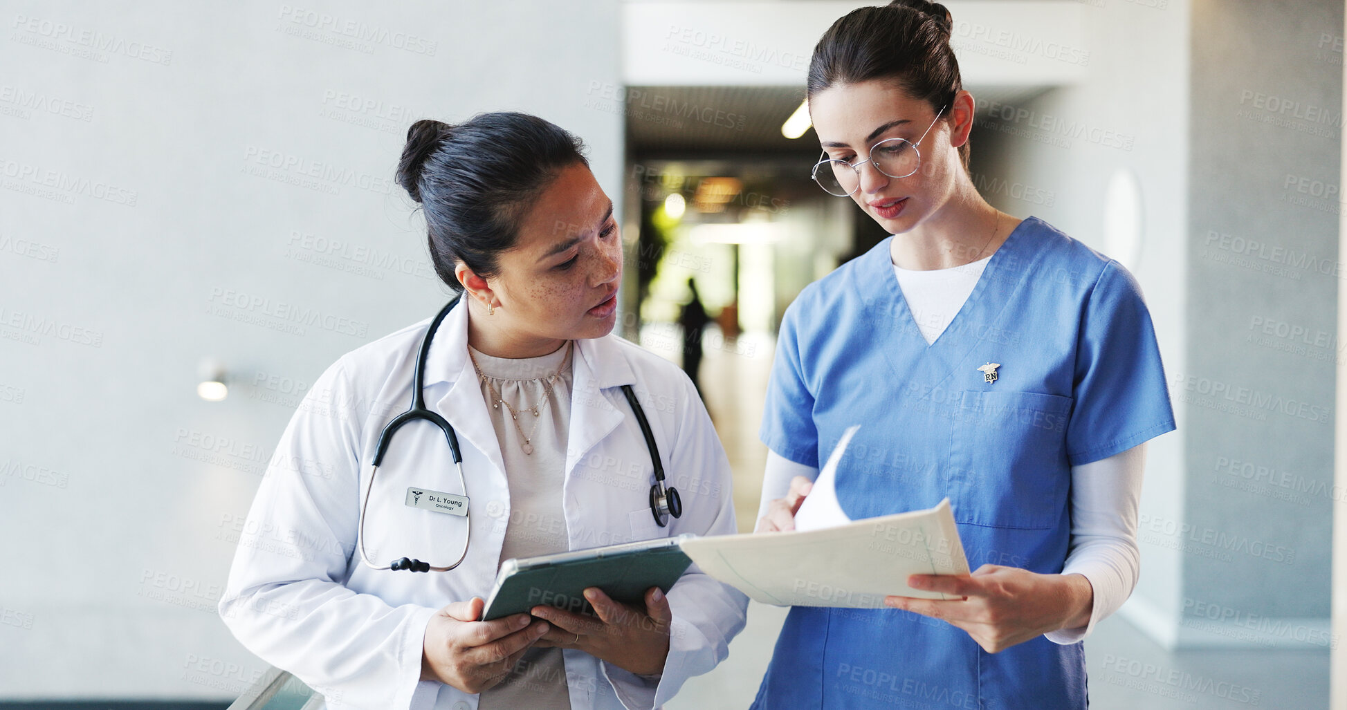 Buy stock photo Team, doctor and nurse with report, hospital and discussion for treatment plan, online and paperwork. Clinic, healthcare workers and women with tablet for diagnosis, talk and reading medical records