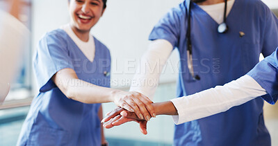 Buy stock photo Hands, stack and medical team in hospital for celebration, motivation and wellness success. People, doctor and huddle with gesture for solidarity, collaboration and teamwork of healthcare victory