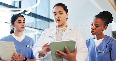 Buy stock photo Tablet, discussion and doctors with nurses in hospital with collaboration for medical research. Digital technology, teamwork and group of female healthcare employees with surgery planning in clinic.