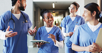 Buy stock photo Tablet, hospital and med students talking for consulting, medical advice and diagnosis. Healthcare, doctor internship and team of people in meeting, walking and chat for results and treatment plan