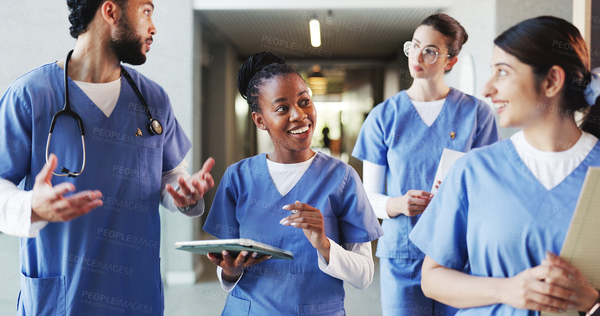 Buy stock photo Tablet, hospital and med students talking for consulting, medical advice and diagnosis. Healthcare, doctor internship and team of people in meeting, walking and chat for results and treatment plan