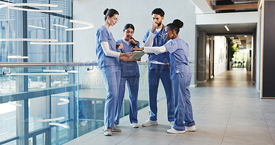 Buy stock photo Meeting, hospital and med students on tablet in lobby for consulting, medical advice and diagnosis. Healthcare, doctor internship and people on digital tech for patient results, research and planning