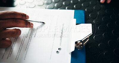 Buy stock photo Pet insurance, paperwork and hands of person with agreement, application form and documents. Contract, foster home and animal welfare with closeup of clipboard for writing, signature and information