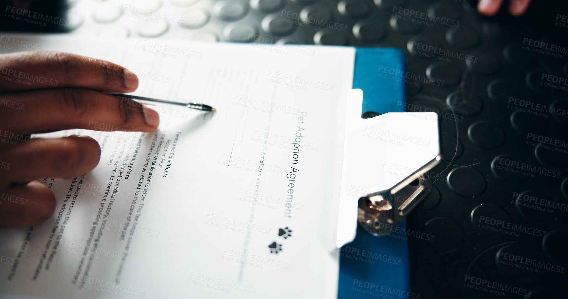 Buy stock photo Pet insurance, paperwork and hands of person with agreement, application form and documents. Contract, foster home and animal welfare with closeup of clipboard for writing, signature and information
