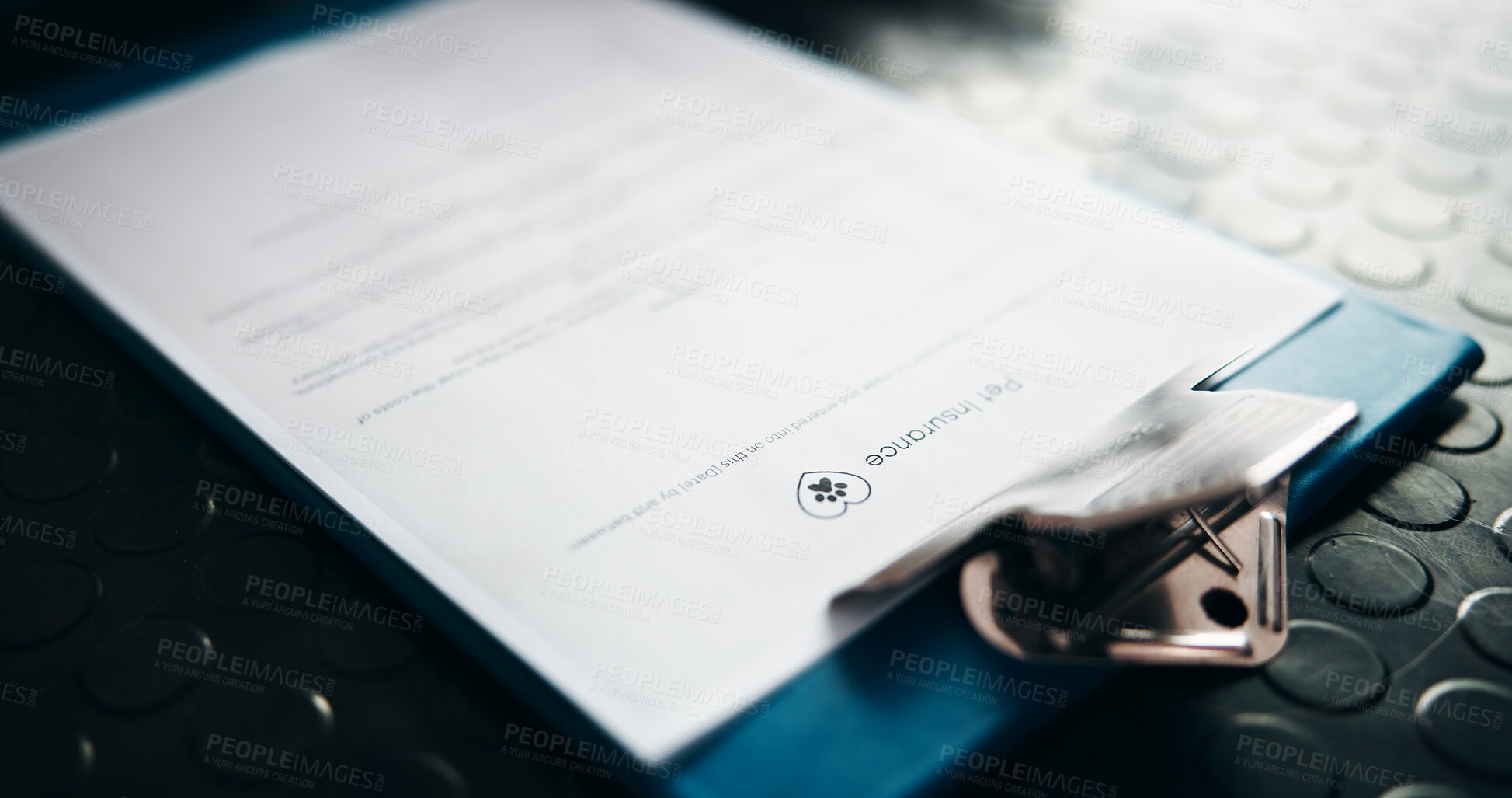 Buy stock photo Pet insurance, document and agreement with application form, questionnaire or paperwork. Contract, foster home and animal welfare with closeup of clipboard for writing, signature and information