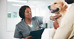 Client, dog and vet with clipboard for consultation, medical service or health exam for pet care appointment. Support, animal doctor and people with labrador for check up, assessment and clinic visit