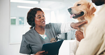 Buy stock photo Client, dog and vet with clipboard for consultation, medical service or health exam for pet care appointment. Support, animal doctor and people with labrador for check up, assessment and clinic visit