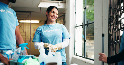 Buy stock photo Woman, volunteer and smile for cleaning, corridor maintenance and workplace hygiene. Happy, people and supplies for hallway cleanliness, ngo outreach and sanitation project for social responsibility